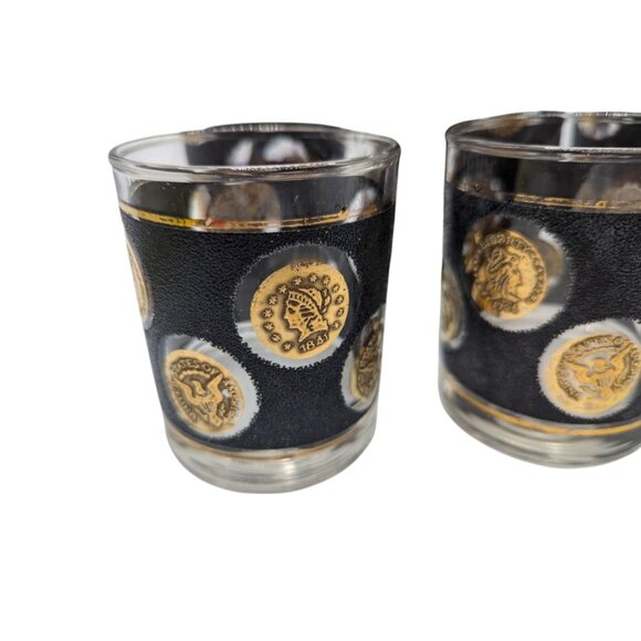 Vtg Libby Black & Gold Roman Coin Pattern Glasses Set Of 8 - Picture 2 of 10